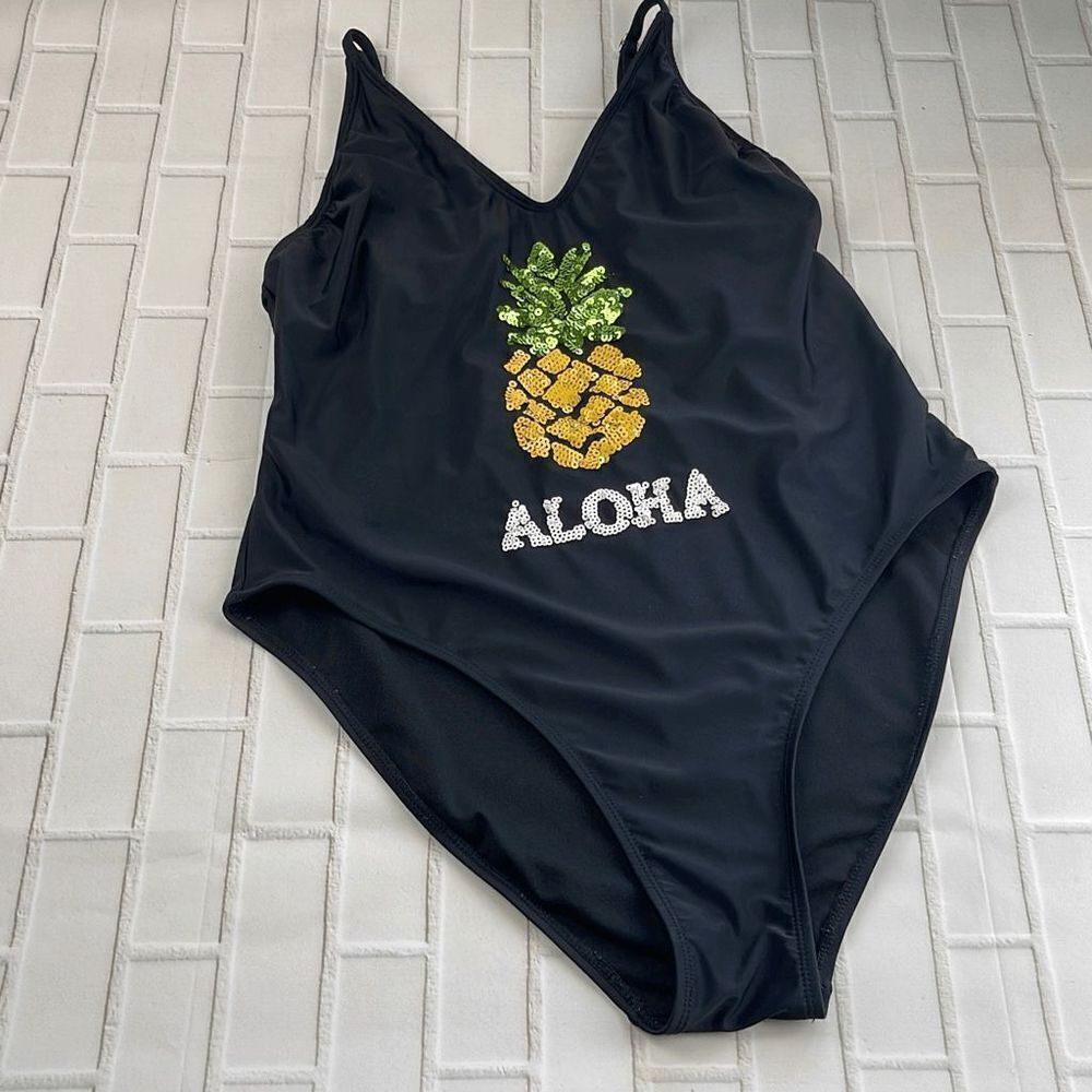 Xhilaration Swimsuit Womens XL One Piece Sexy Aloha Pineapple Sequin Black